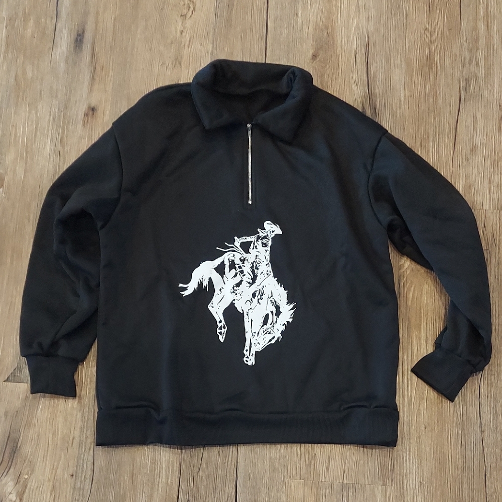 Shein Black Quarter-Zip Sweatshirt with White Bucking Horse Graphic